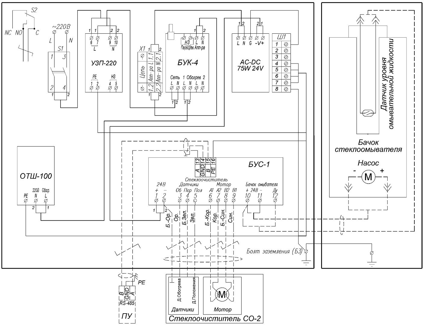 Схема подключения стеклоочистителя, омывателя, бачка омывателя и пульта управления оператора (в комплект поставки не входит) к БУС-1