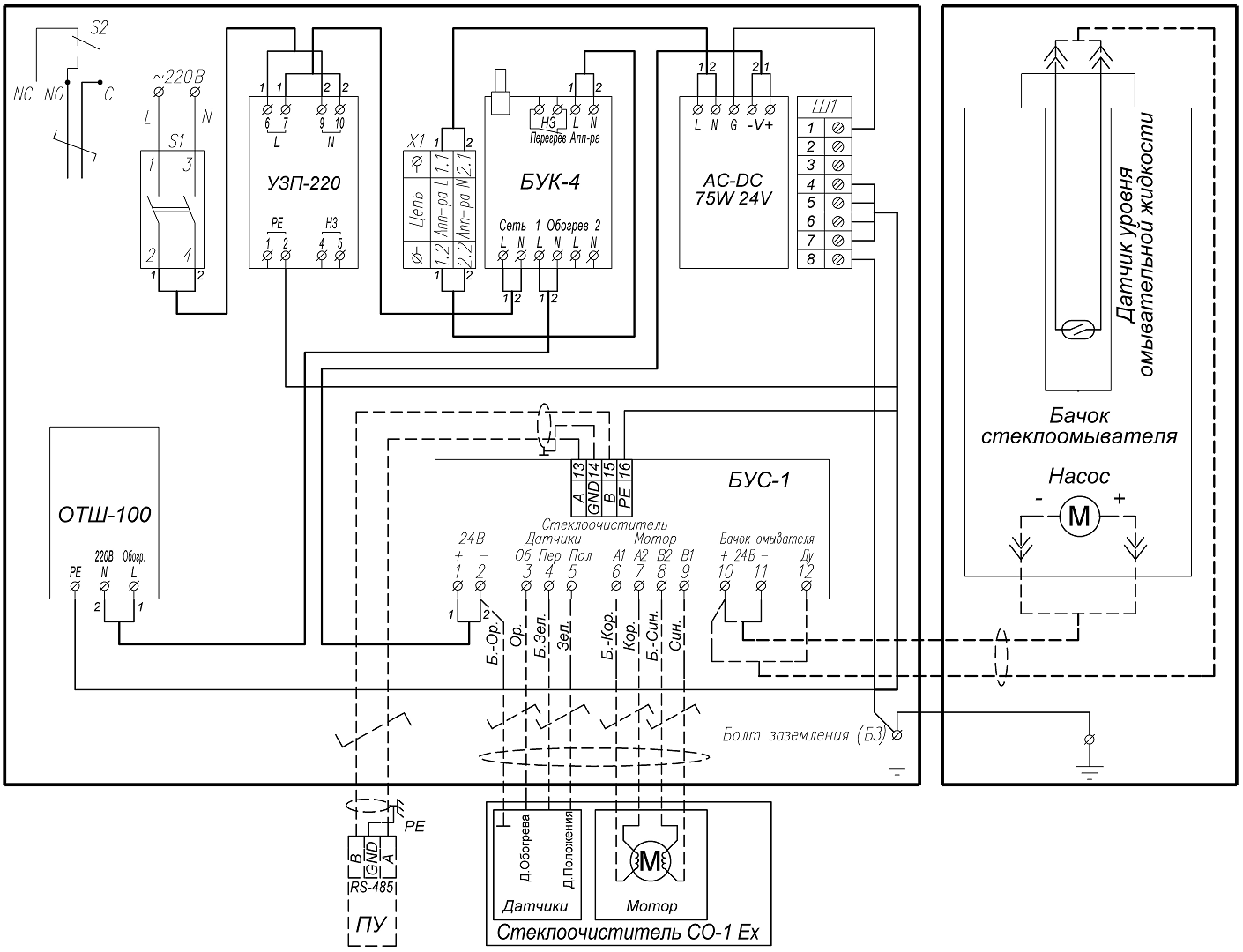 Схема подключения стеклоочистителя, омывателя, бачка омывателя и пульта управления оператора (в комплект поставки не входит) к БУС-1
