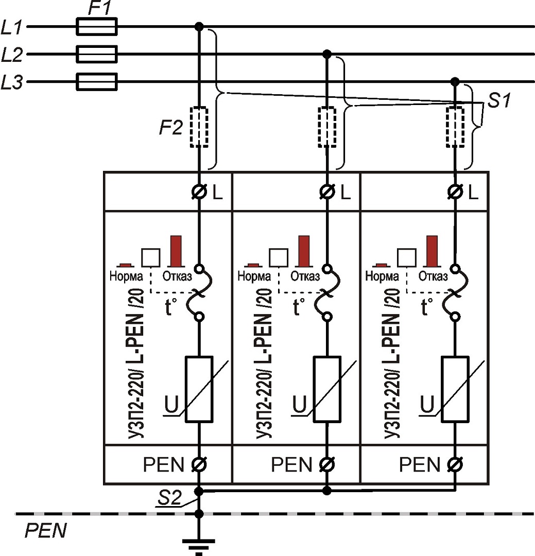 Схема подключения для трехфазной сети УЗП2-220К/3L-PEN/20